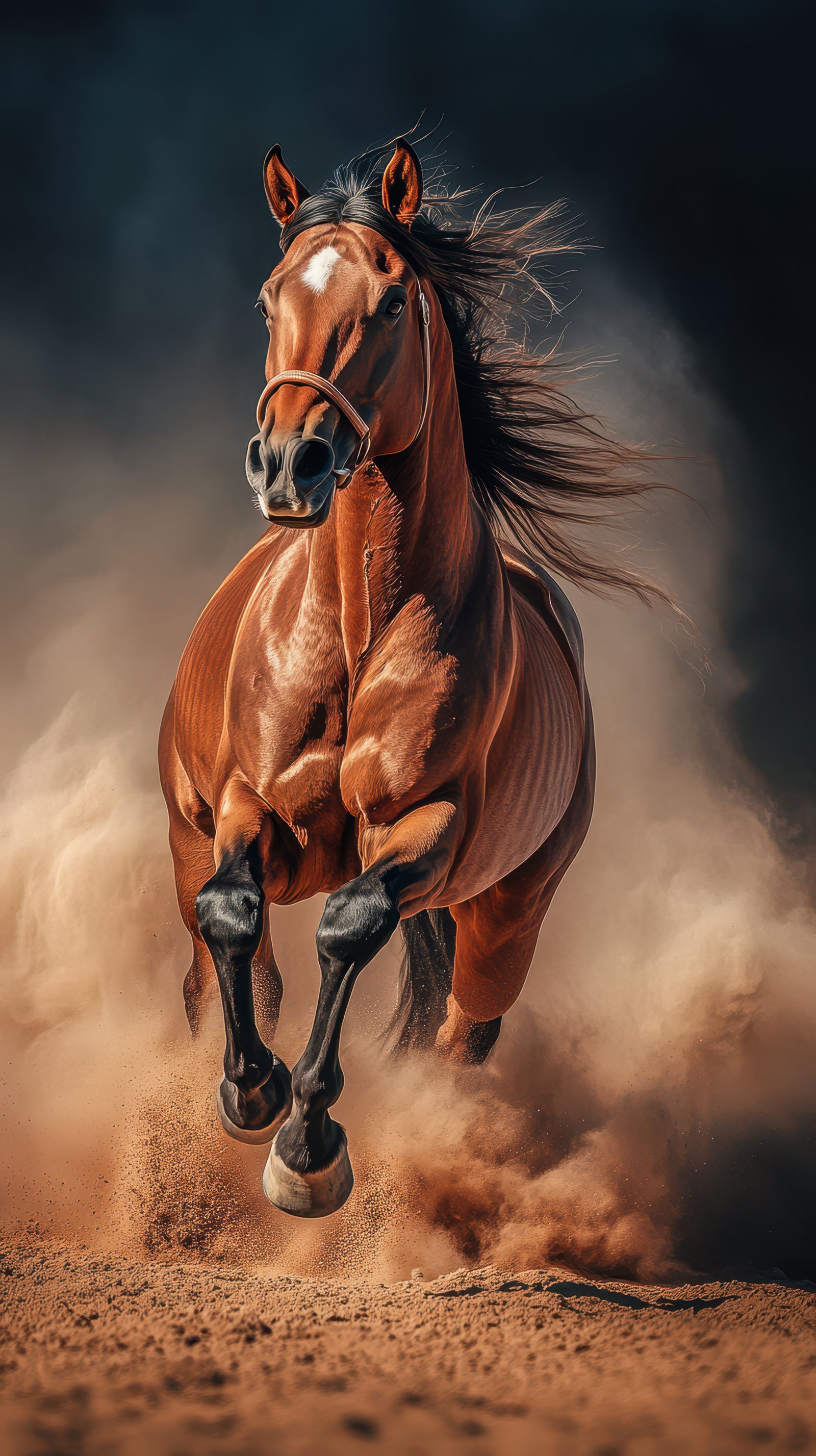 Majestic brown horse galloping through dusty terrain in golden light during sunset